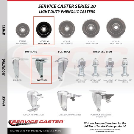 Service Caster 3.5 Inch SS Phenolic Wheel Swivel Top Plate Caster Set SCC-SS20S3514-PHS-4